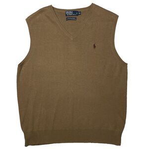 Polo Ralph Lauren Men's XL V-Neck Sweater Vest Tan Pima Cotton Pony Logo Golf